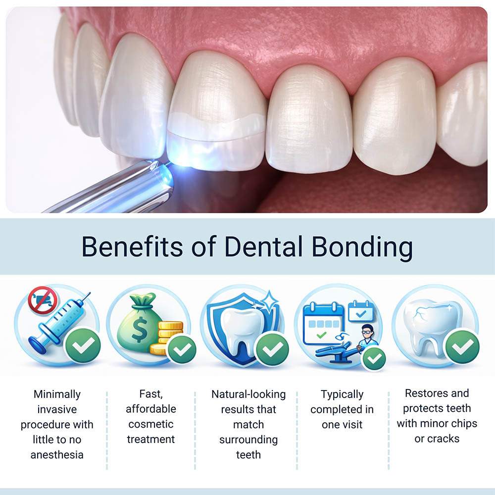 Benefits of dental bonding infographic showing minimally invasive, quick, affordable, natural-looking, single-visit tooth repair advantages