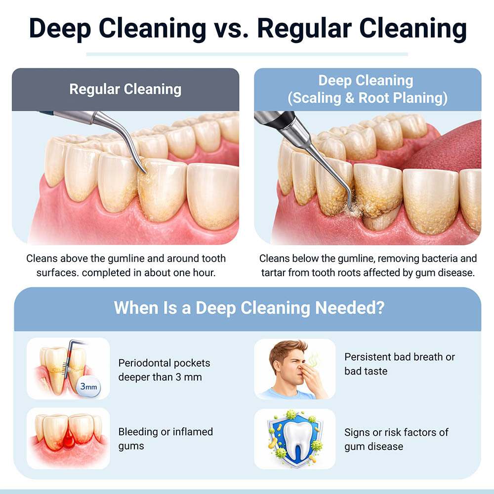 Infographic comparing regular dental cleaning and deep cleaning (scaling and root planing), showing above-gumline versus below-gumline plaque and tartar removal and when deep cleaning is needed.