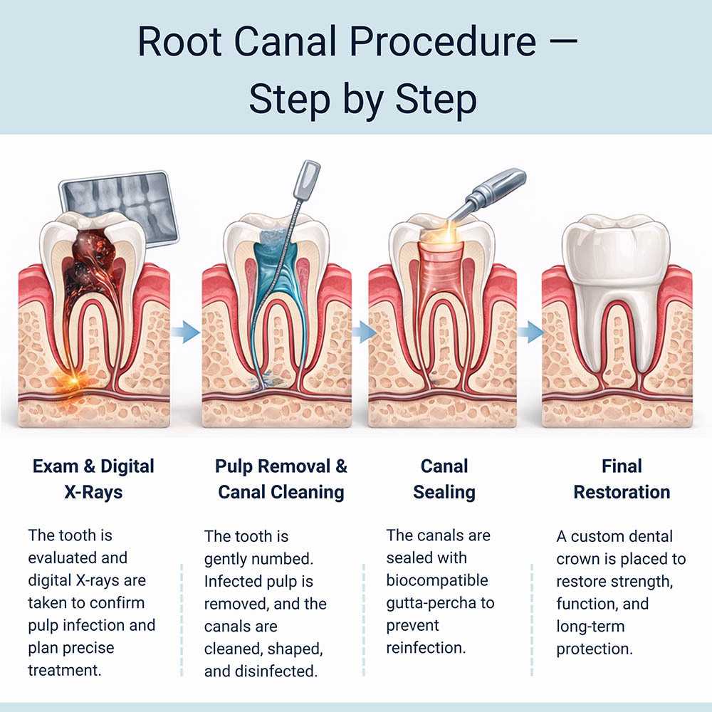 Root canal treatment step by step at VitaDent Brooklyn showing infection removal, canal cleaning, sealing, and crown placement