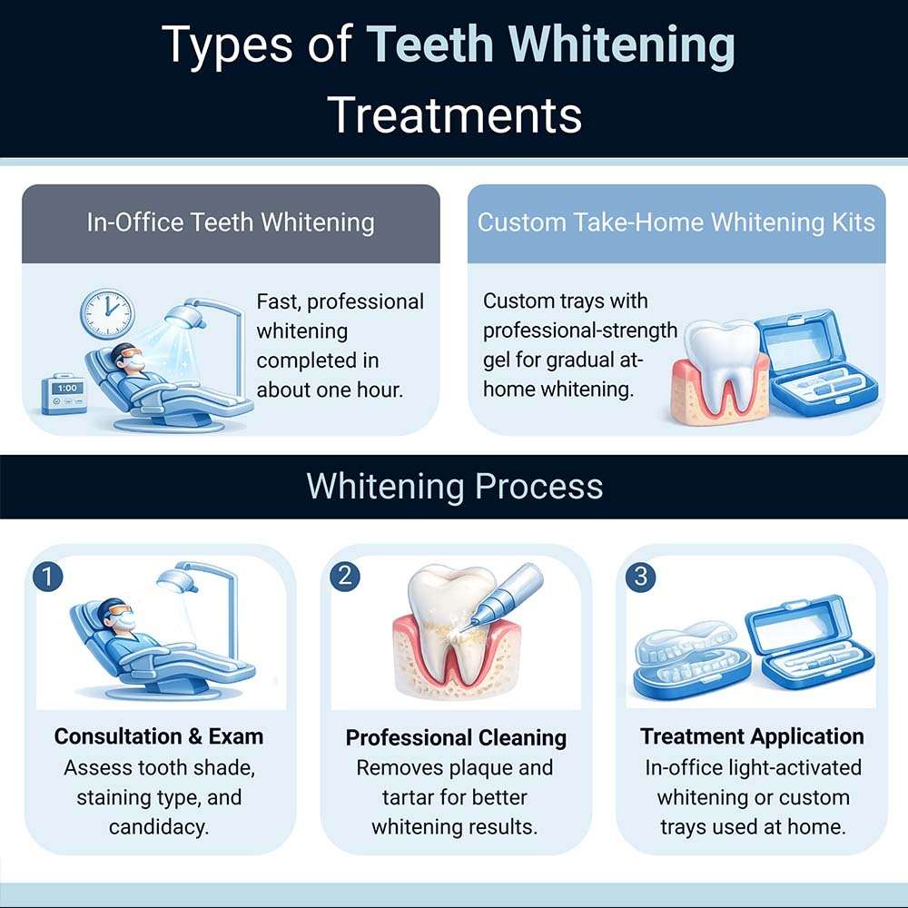 Infographic showing types of teeth whitening treatments and the whitening process, including in-office whitening, custom take-home kits, consultation, professional cleaning, and treatment application.
