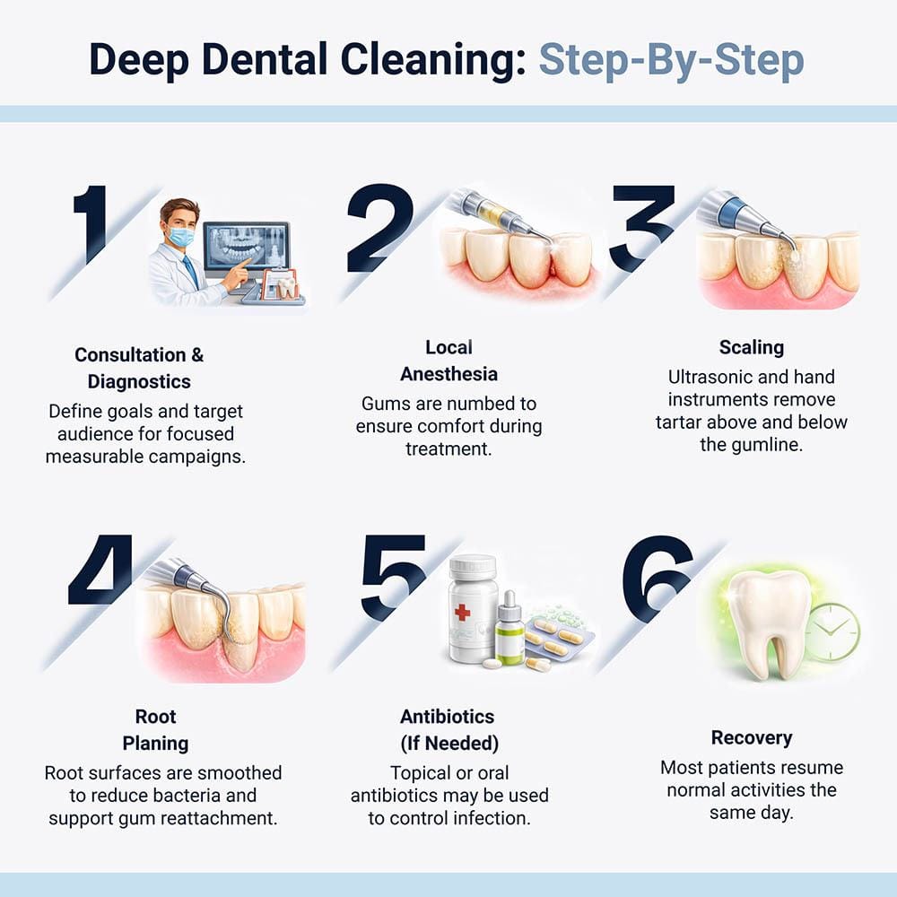 Infographic showing the step-by-step deep dental cleaning process, including consultation, local anesthesia, scaling, root planing, antibiotics if needed, and recovery.