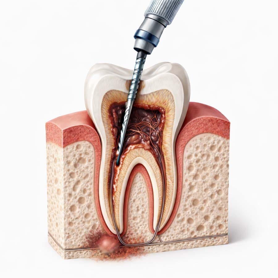 3D medical illustration of a molar tooth in cross section showing root canal procedure with endodontic file removing infected pulp tissue