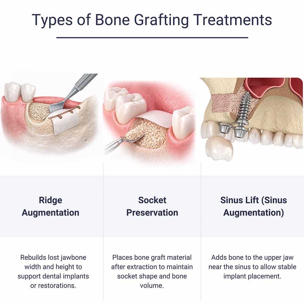 Types of bone grafting treatments including ridge augmentation, socket preservation, and sinus lift (sinus augmentation) to rebuild jawbone and support dental implant placement