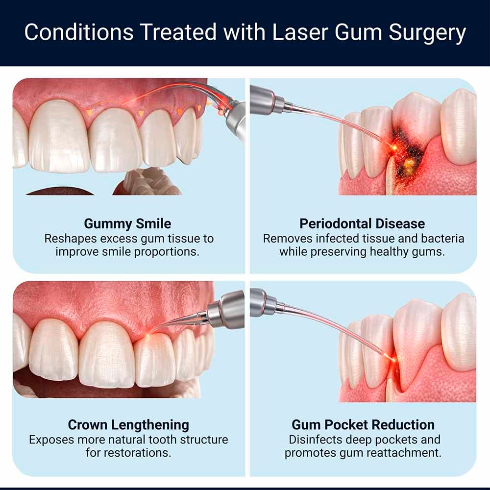Infographic showing conditions treated with laser gum surgery including gummy smile, periodontal disease, crown lengthening, and gum pocket reduction