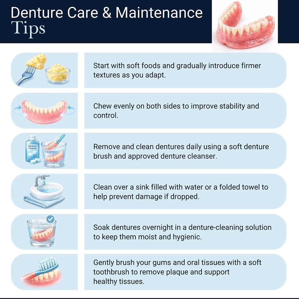 Infographic showing denture care and maintenance tips, including eating soft foods, chewing evenly, daily denture cleaning, cleaning over water or a towel, overnight soaking, and gentle brushing of gums.