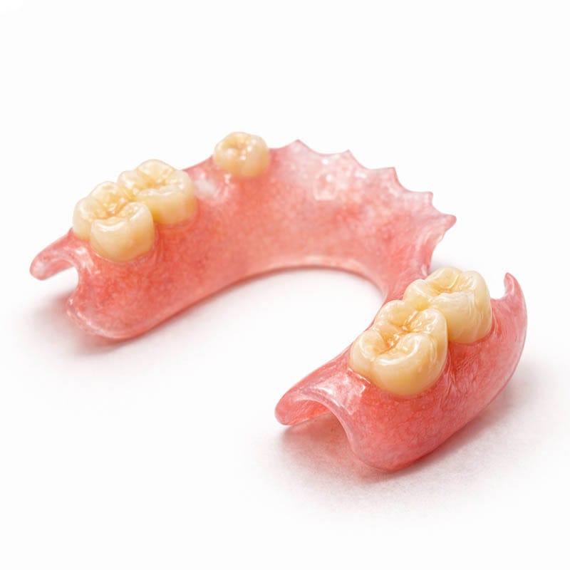 High-resolution image of a flexible partial denture with translucent pink base and natural-looking artificial teeth used for removable tooth replacement in Brooklyn, NY.
