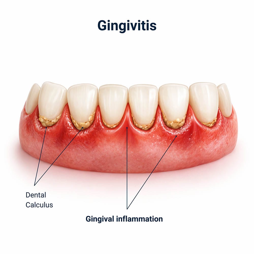 Medical illustration showing gingivitis with inflamed gums and early dental calculus around the lower front teeth