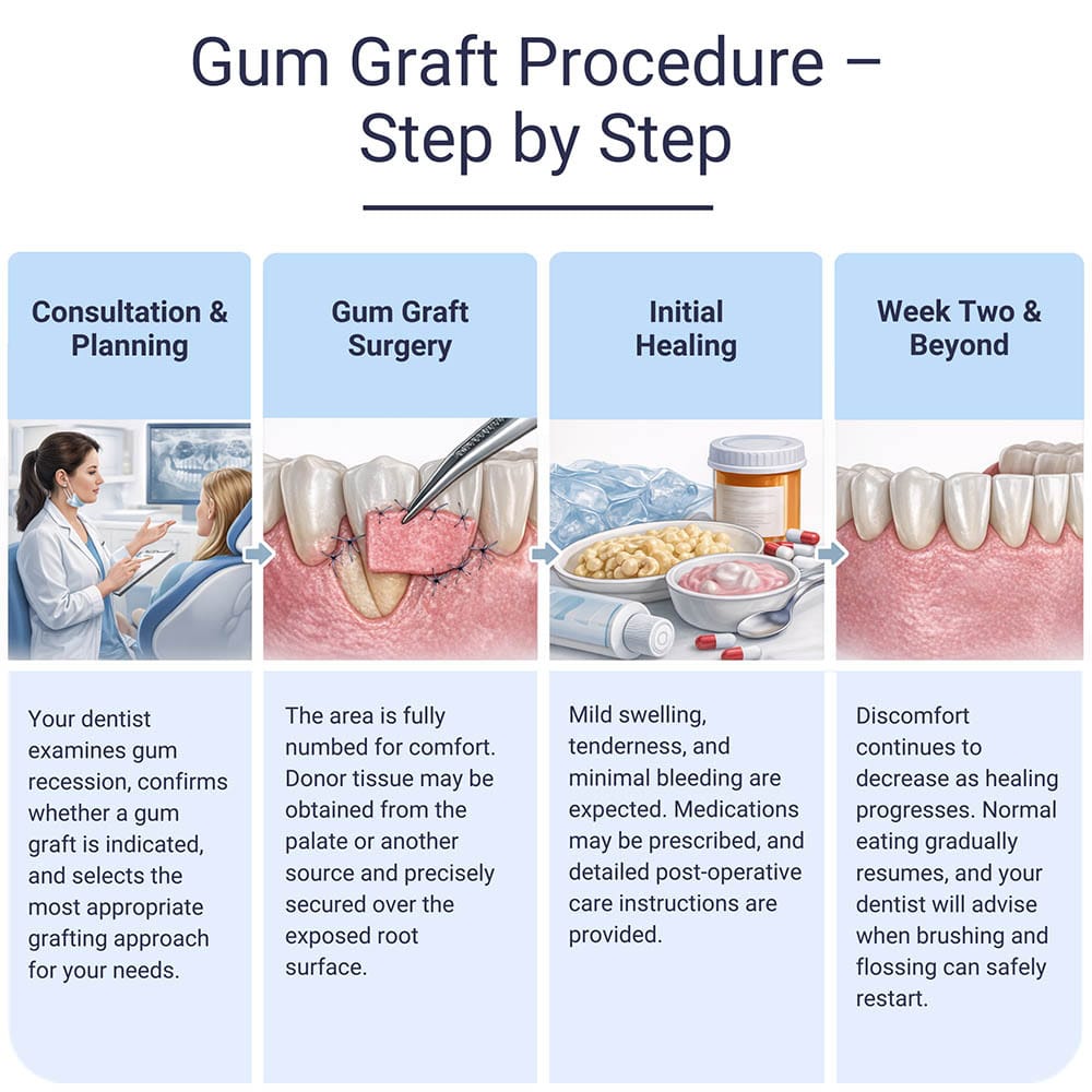 Step-by-step gum graft procedure showing consultation, soft tissue graft surgery, and healing stages at VitaDent Brooklyn