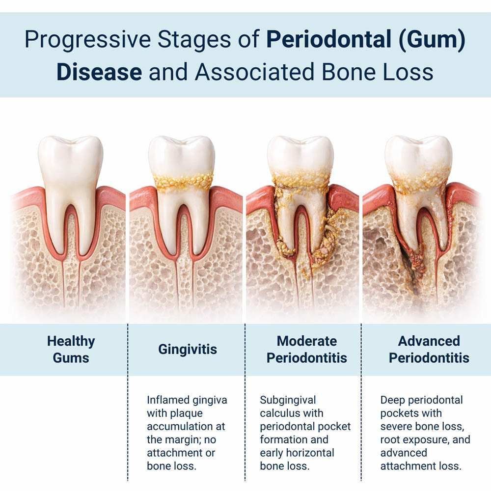 Medical illustration showing healthy gums, gingivitis, moderate periodontitis, and advanced periodontitis with progressive bone loss
