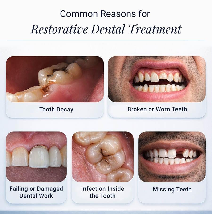 Infographic illustrating common clinical indications for restorative dental treatment including early-to-moderate tooth decay, enamel fracture or attrition, failed dental restoration margins, internal tooth infection, and single-tooth loss with natural ridge resorption.