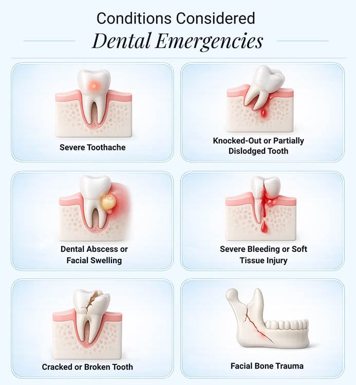 3D illustration showing common dental emergencies including severe toothache, knocked-out tooth, dental abscess, soft tissue bleeding, cracked tooth, and facial bone trauma at VitaDent Brooklyn in Sheepshead Bay 11235.