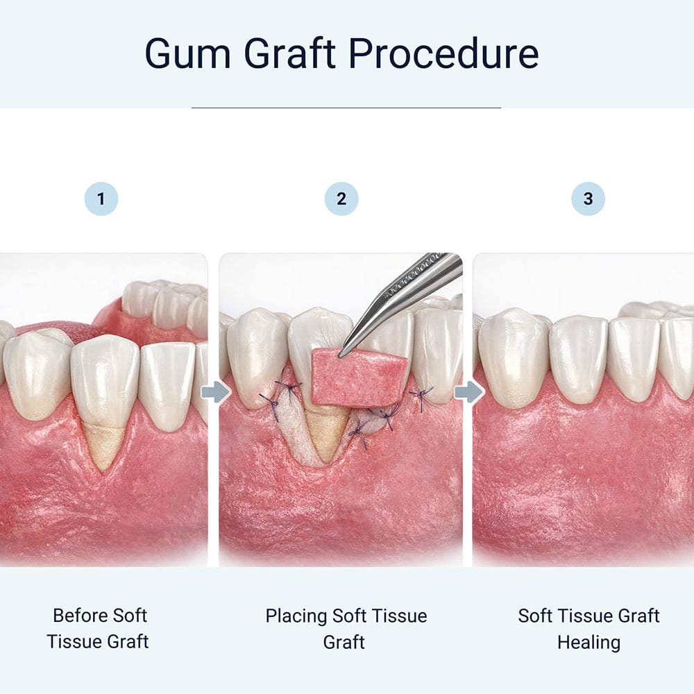 Gum graft procedure showing soft tissue graft placement and healing for gum recession treatment at VitaDent Brooklyn