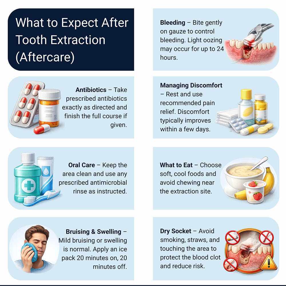 Infographic explaining what to expect after tooth extraction, including bleeding control, antibiotics, oral care, managing discomfort, bruising and swelling, soft foods, and dry socket prevention.