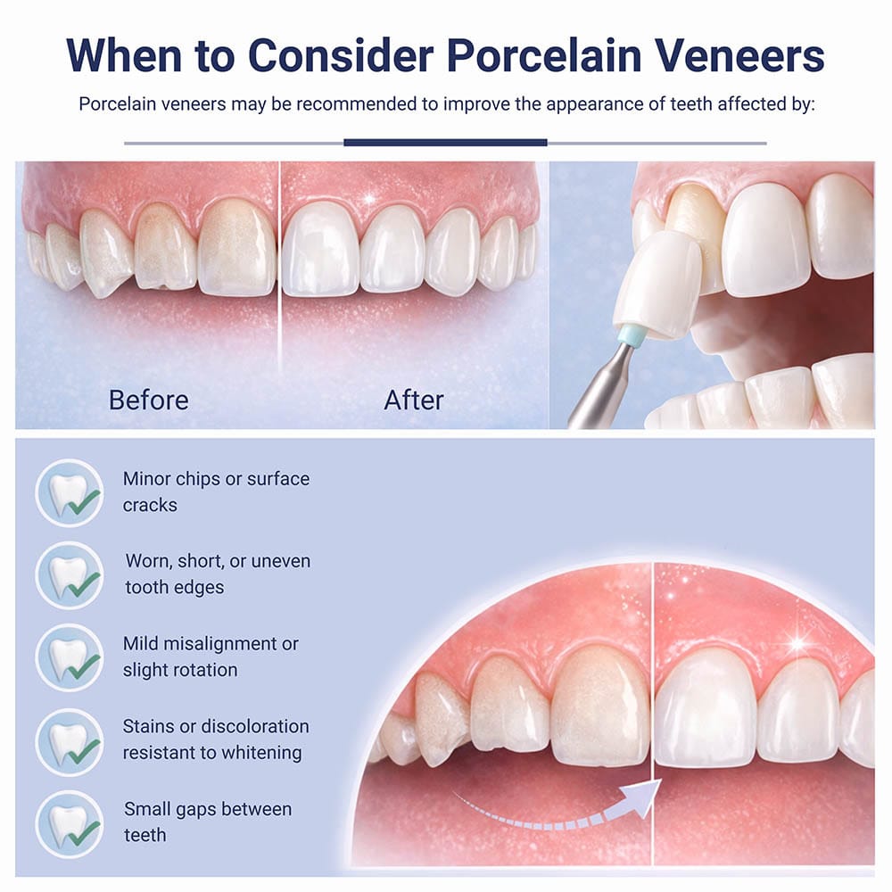Infographic showing when to consider porcelain veneers for chips, discoloration, mild misalignment, worn teeth, and small gaps