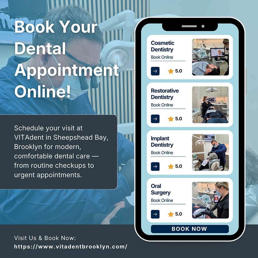 Book a dentist appointment online at VITAdent in Sheepshead Bay, Brooklyn for modern general, cosmetic, restorative, and urgent dental care.