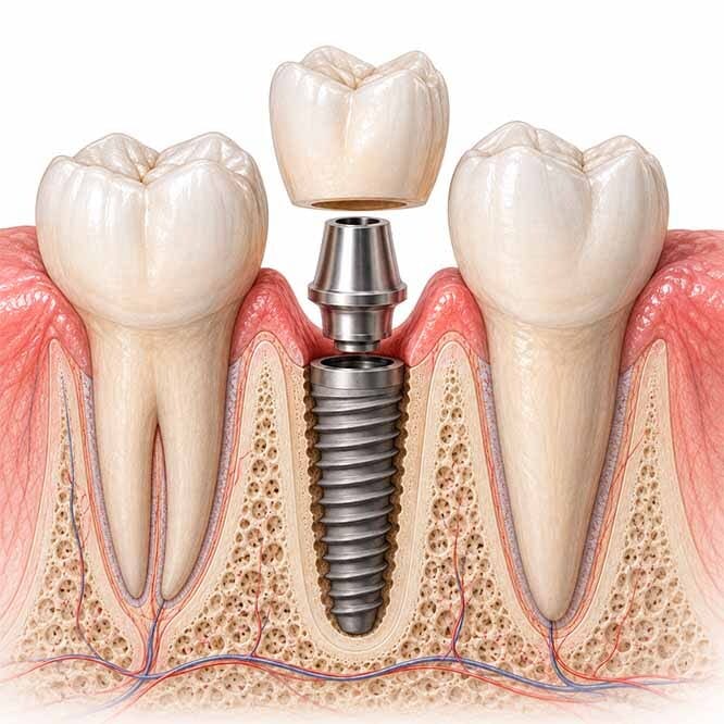 Dental implant anatomy showing the crown, abutment, implant post, gum tissue, and jawbone