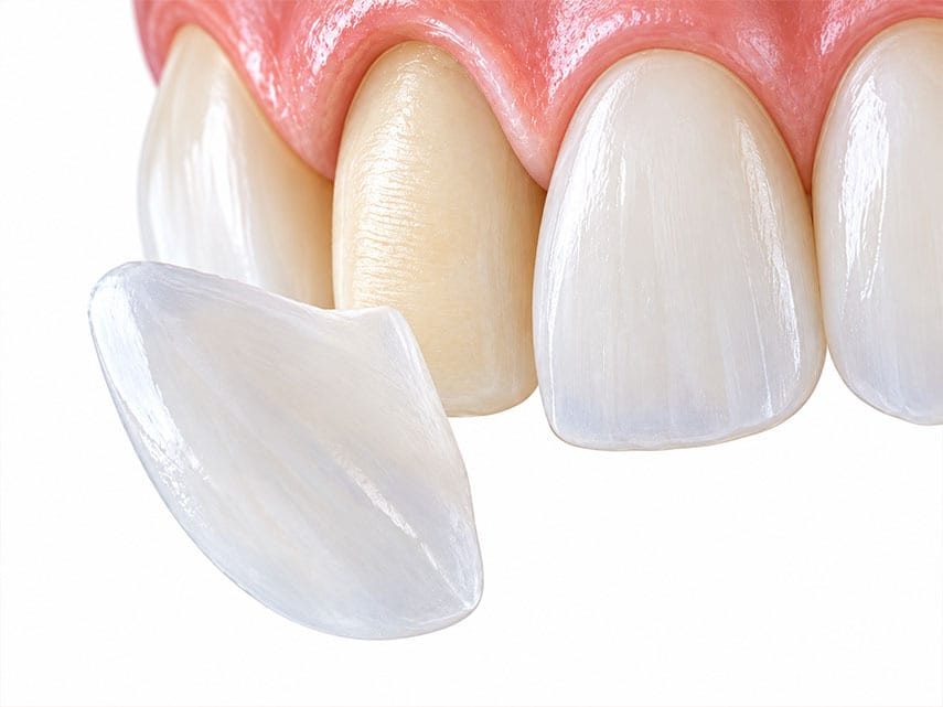 Porcelain veneer treatment showing minimal tooth preparation and final veneer placement