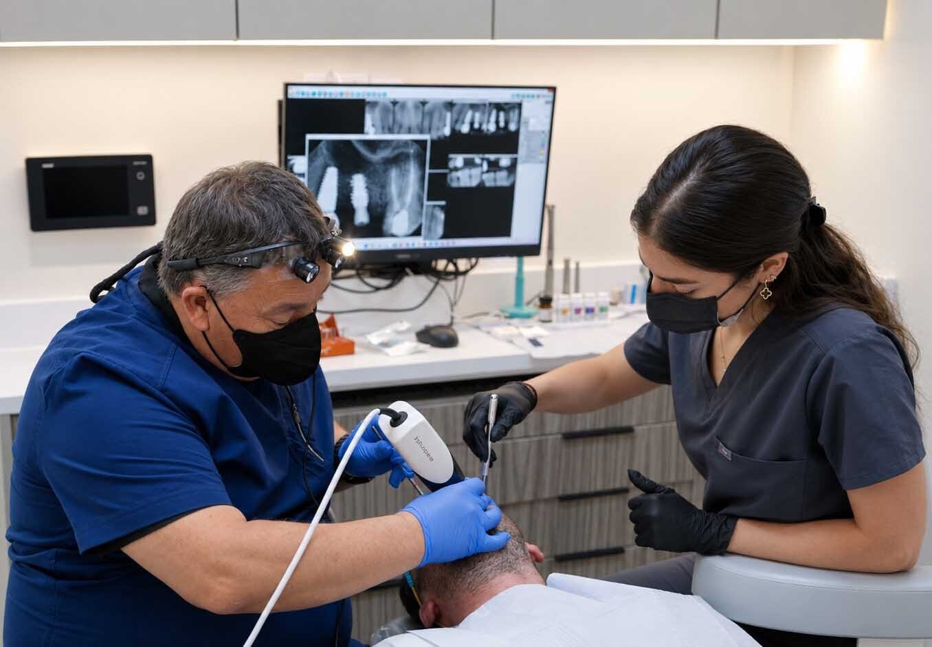 Dentist and assistant using the CEREC Primescan intraoral scanner at VITAdent